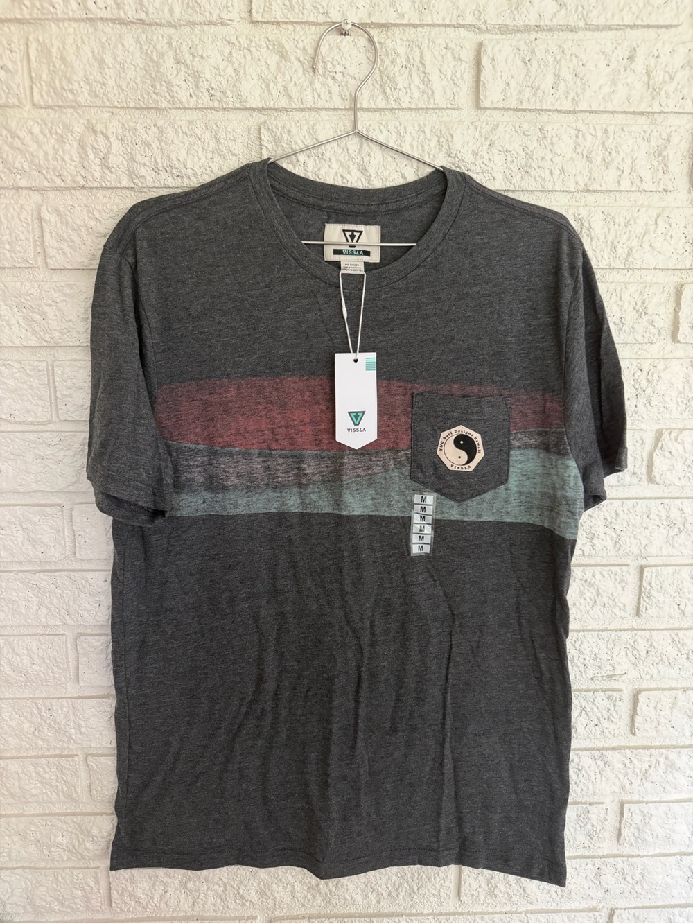 VISSLA Charcoal Short Sleeve Tee with Red and Teal Stripes